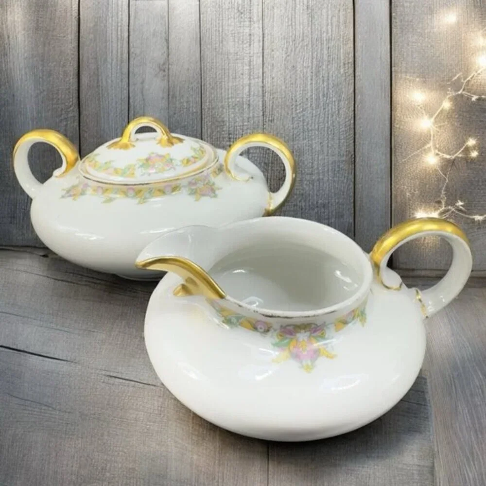 Wm Guerin & Co Limoges Porcelain Sugar And‎ Creamer Set France Gold Painted VTG